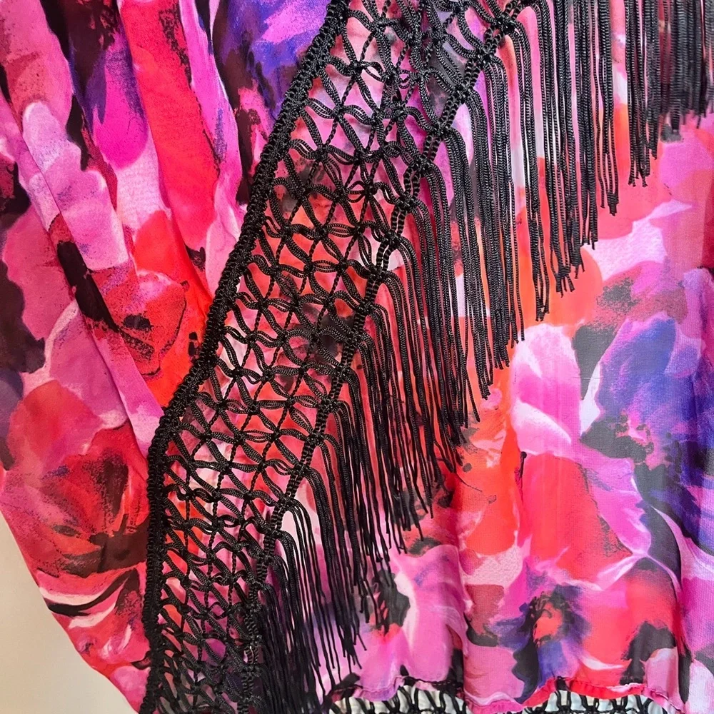 Women's Catalina Kimono Cover Up Chiffon Floral Beach Short Sleeve Fringe Size M